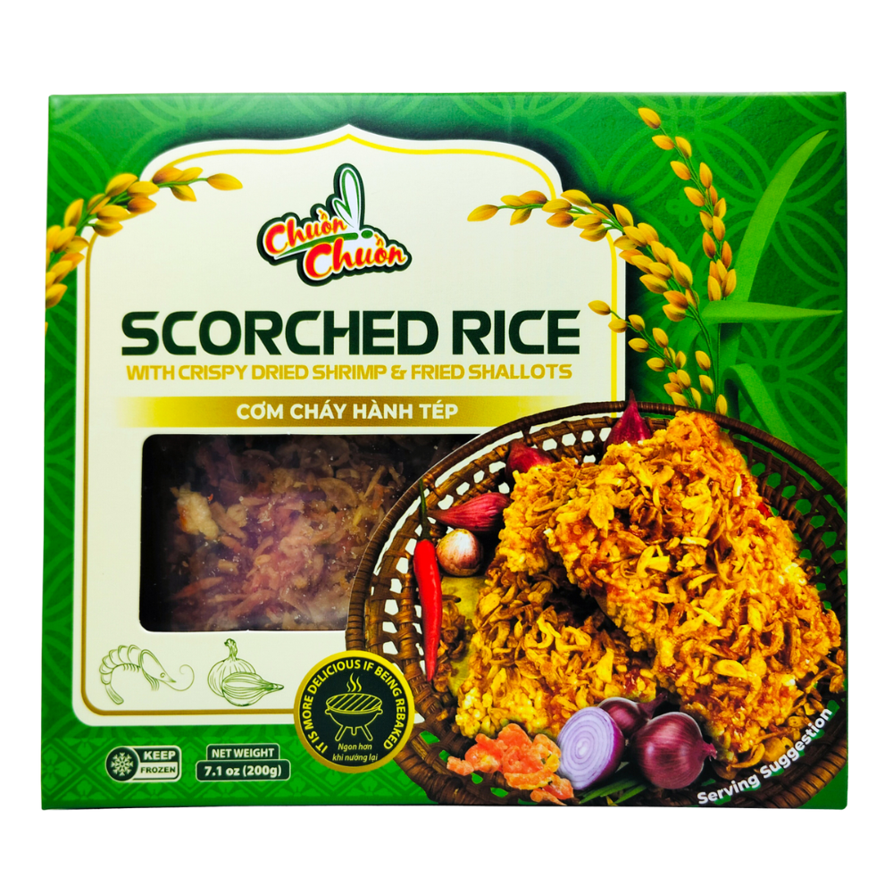 Scorched Rice With Crispy Dried Shrimp & Fried Shallots (Cơm Cháy Tôm Khô & Hành Phi): Crispy scorched rice topped with dried shrimp and fried shallots, offering a delicious and crunchy Vietnamese snack. Chuon Chuon Brand - powered by US Trading wholesale Asian Food distributor