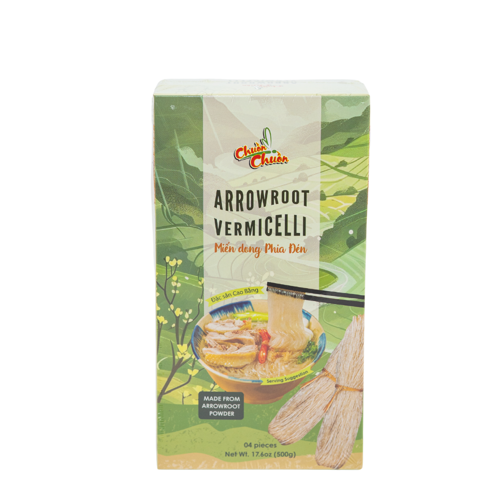 Arrowroot Vermicelli (Miến Dong Phia Đén): Thin, chewy vermicelli noodles made from arrowroot, perfect for soups, stir-fries, or cold noodle salads. Chuon Chuon Brand - powered by US Trading wholesale Asian Food distributor