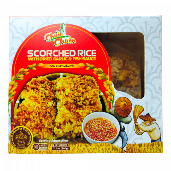 Scorched Rice With Dried Garlic & Fish Sauce (Cơm Cháy Tỏi Khô & Nước Mắm): Crunchy scorched rice topped with dried garlic and fish sauce, offering a crispy and savory snack. Chuon Chuon Brand - powered by US Trading wholesale Asian Food distributor