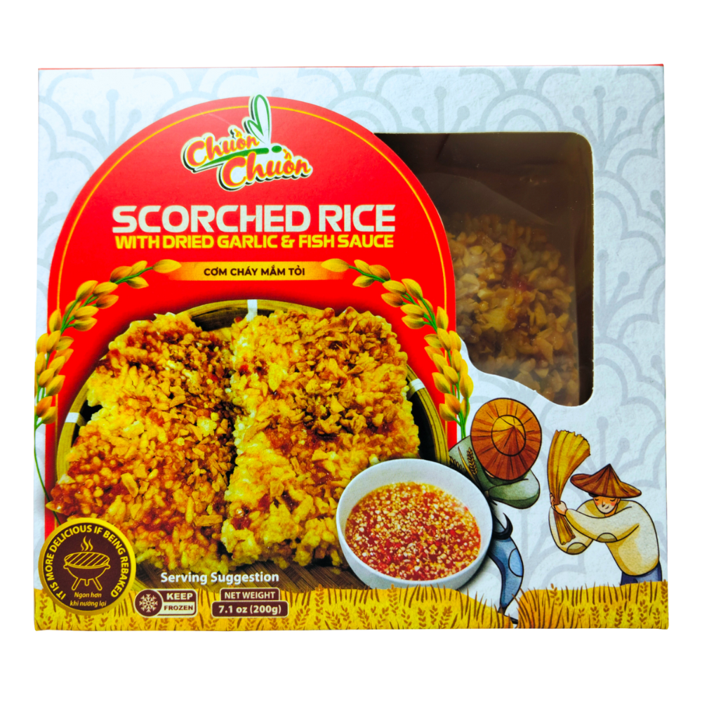 Scorched Rice With Dried Garlic & Fish Sauce (Cơm Cháy Tỏi Khô & Nước Mắm): Crunchy scorched rice topped with dried garlic and fish sauce, offering a crispy and savory snack. Chuon Chuon Brand - powered by US Trading wholesale Asian Food distributor