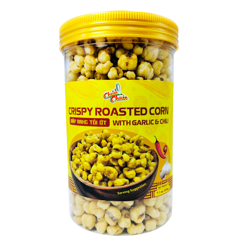 Crispy Roasted Corn With Garlic & Chili (Bắp Rang Tỏi Ớt): Crunchy roasted corn with bold flavors of garlic and chili, perfect for snacking with a spicy kick. Chuon Chuon Brand - powered by US Trading wholesale Asian Food distributor