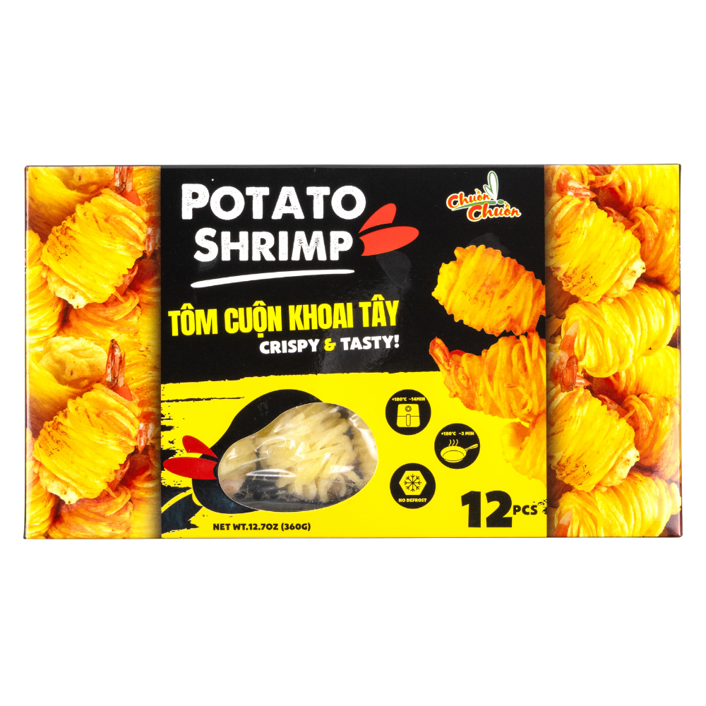 Potato Wrapped Shrimp (Tôm Cuộn Khoai Tây): Juicy shrimp wrapped in crispy potato strings and fried to perfection for a delightful mix of textures and flavors. Chuon Chuon Brand - powered by US Trading wholesale Asian Food distributor