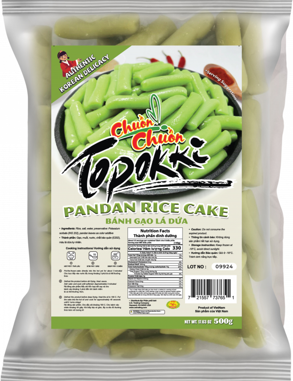 Pandan Tokbokki (Tokbokki Lá Dứa): Chewy Korean rice cakes infused with the sweet and fragrant flavor of pandan, a unique twist on the classic tokbokki. Chuon Chuon Brand - powered by US Trading wholesale Asian Food distributor