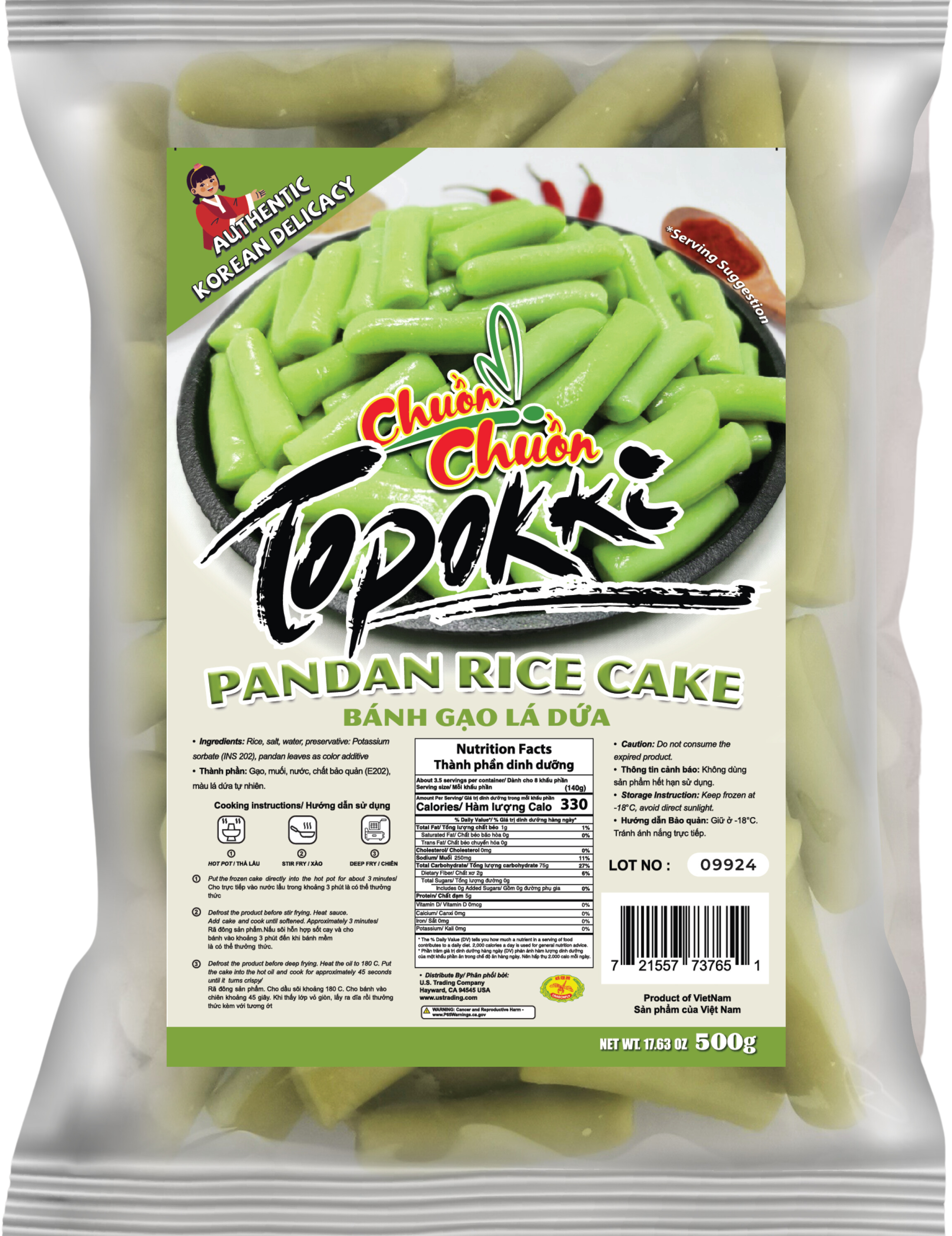 Pandan Tokbokki (Tokbokki Lá Dứa): Chewy Korean rice cakes infused with the sweet and fragrant flavor of pandan, a unique twist on the classic tokbokki. Chuon Chuon Brand - powered by US Trading wholesale Asian Food distributor