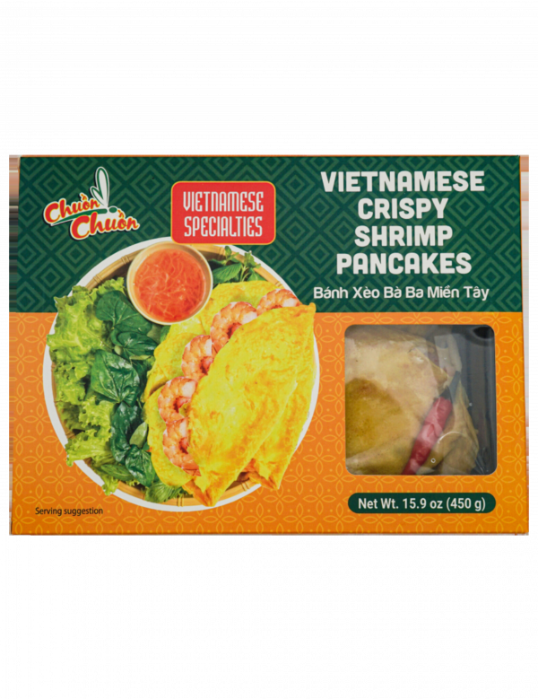 Vietnamese Crispy Shrimp Pancakes (Bánh Xèo): Crispy shrimp pancakes filled with shrimp, pork, and coconut cream, served with a pre-made fish dipping sauce. Chuon Chuon Brand - powered by US Trading wholesale Asian Food distributor