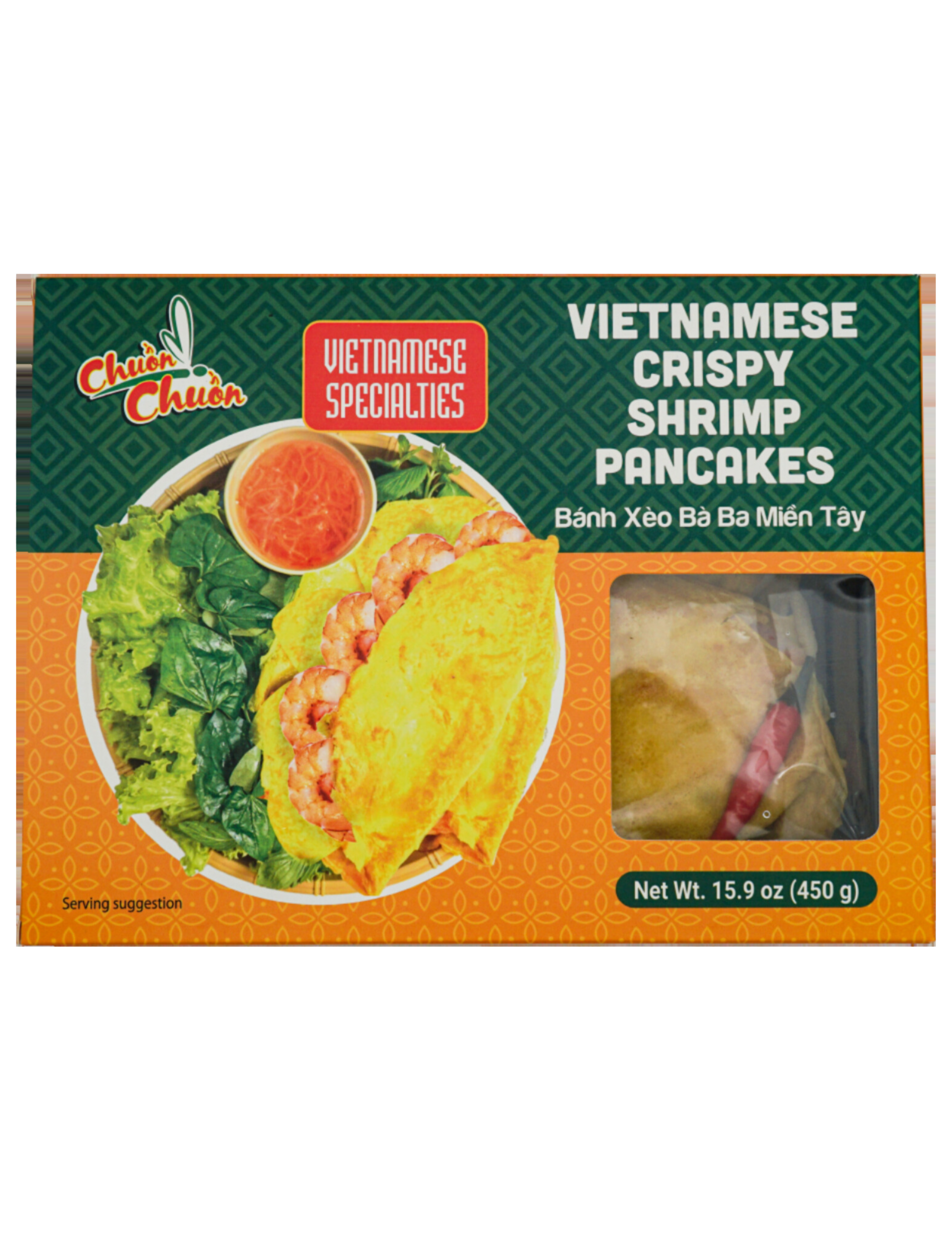 Vietnamese Crispy Shrimp Pancakes (Bánh Xèo): Crispy shrimp pancakes filled with shrimp, pork, and coconut cream, served with a pre-made fish dipping sauce. Chuon Chuon Brand - powered by US Trading wholesale Asian Food distributor