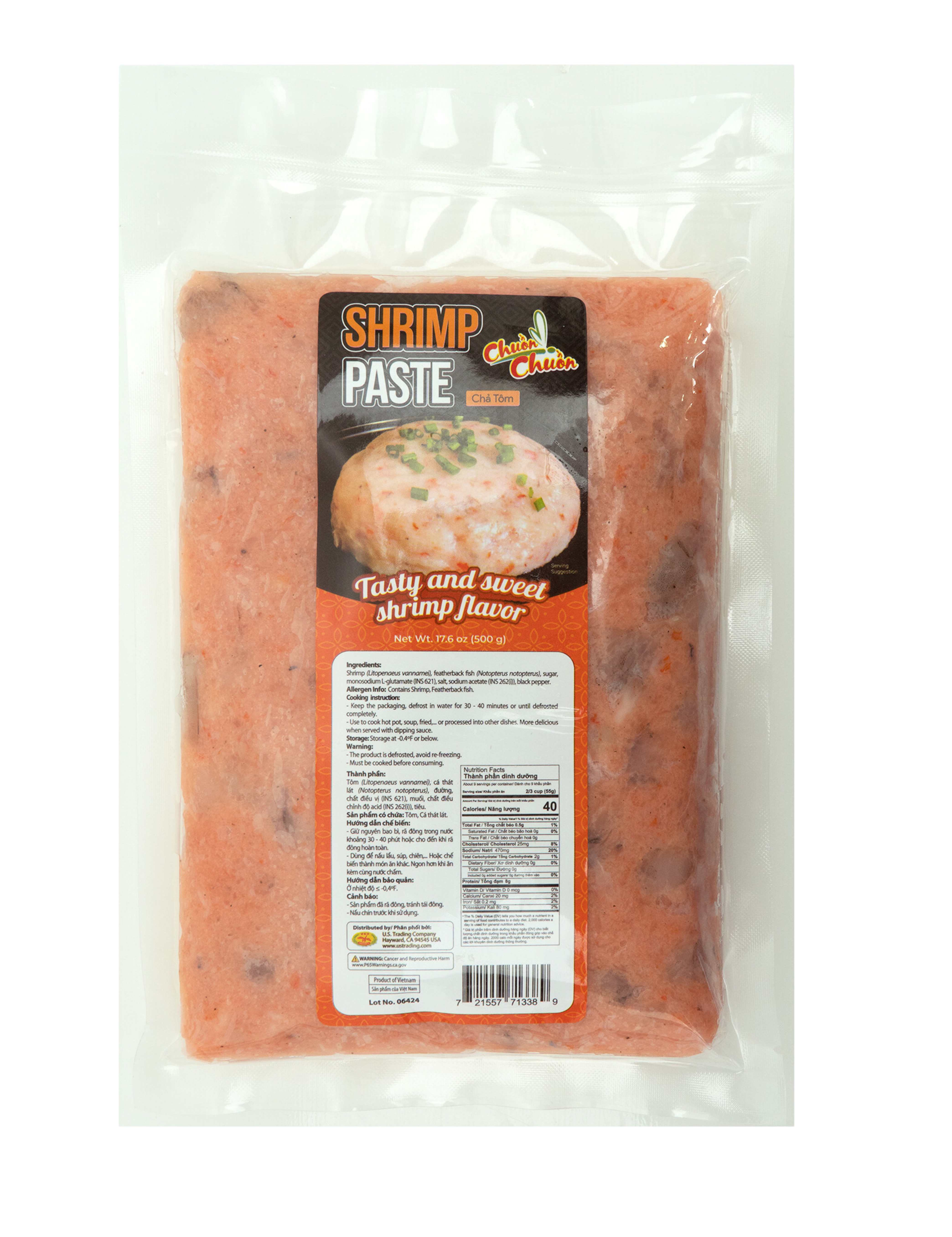 Shrimp Paste (Chả Tôm Quết): Pre-processed chewy shrimp paste with a slightly crunchy texture, ideal for hot pots, frying, or noodle soup. Chuon Chuon Brand - powered by US Trading wholesale Asian Food distributor