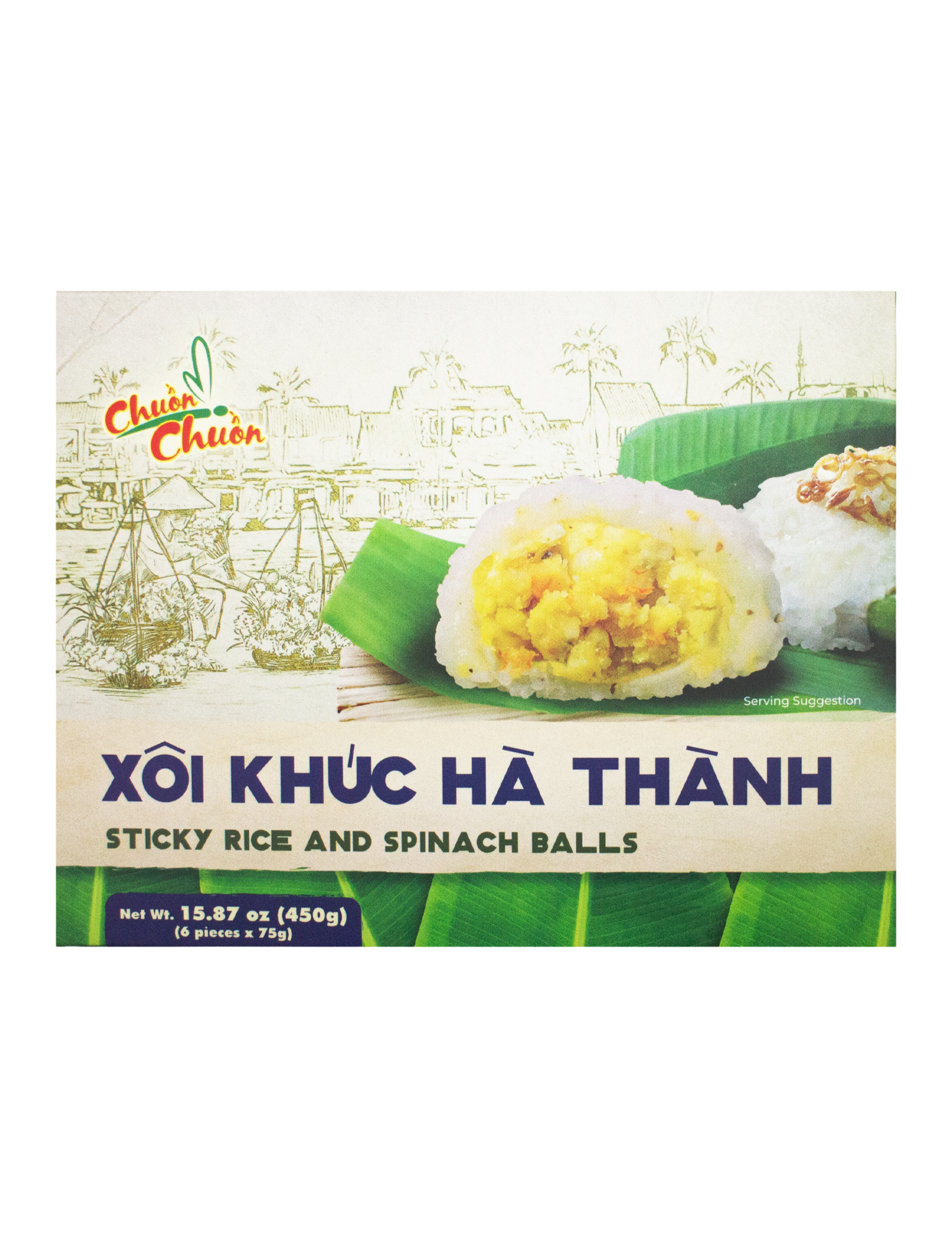 Ha Thanh's Sticky Rice And Spinach Balls (Xôi Khúc Hà Thanh): Glutinous rice and spinach balls filled with mung beans and shrimp, offering a savory snack from northern Vietnam. Chuon Chuon Brand - powered by US Trading wholesale Asian Food distributor