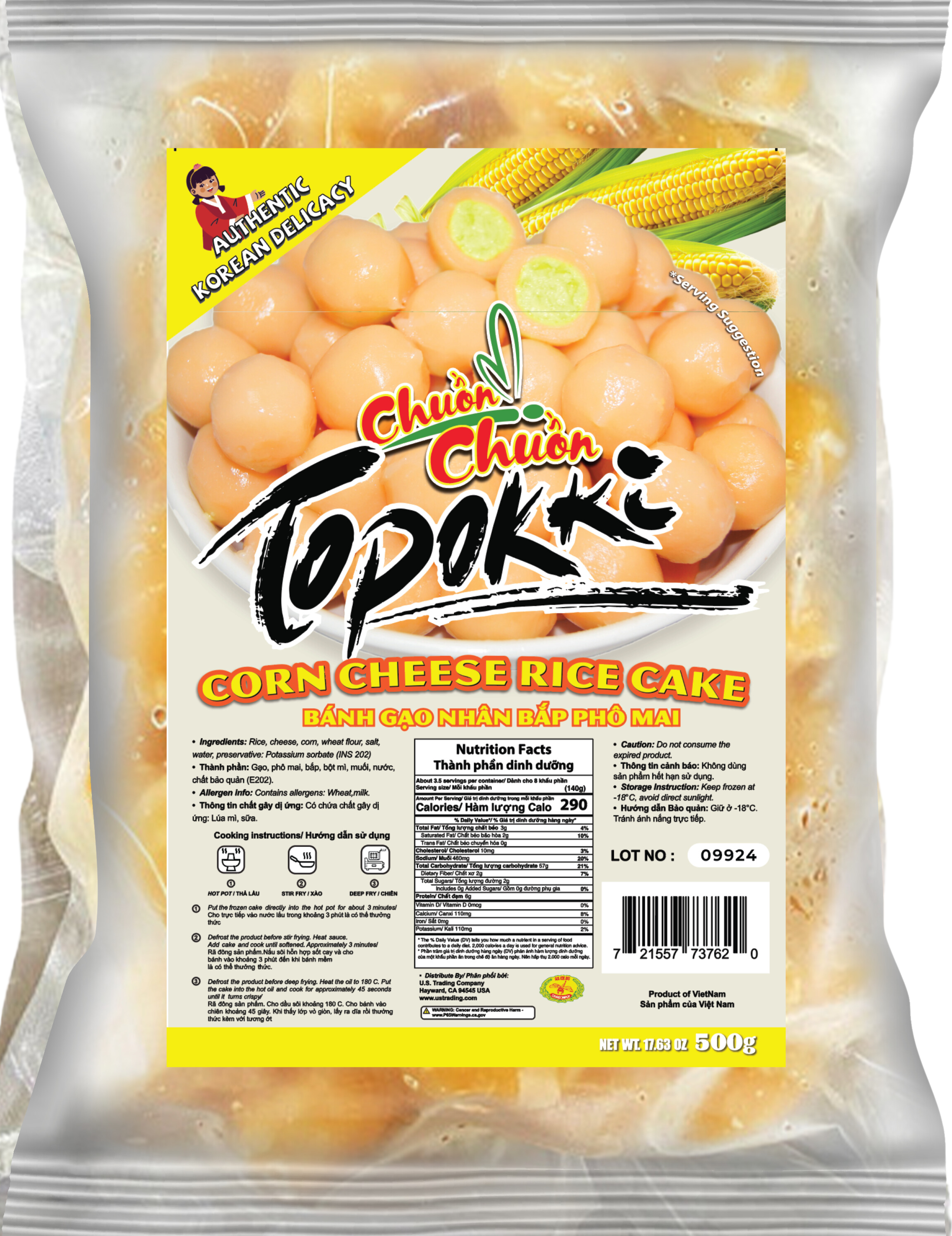 Corn Cheese Tokbokki (Tokbokki Phô Mai Bắp): Chewy rice cakes combined with sweet corn and rich cheese for a unique and flavorful twist on Korean street food. Chuon Chuon Brand - powered by US Trading wholesale Asian Food distributor