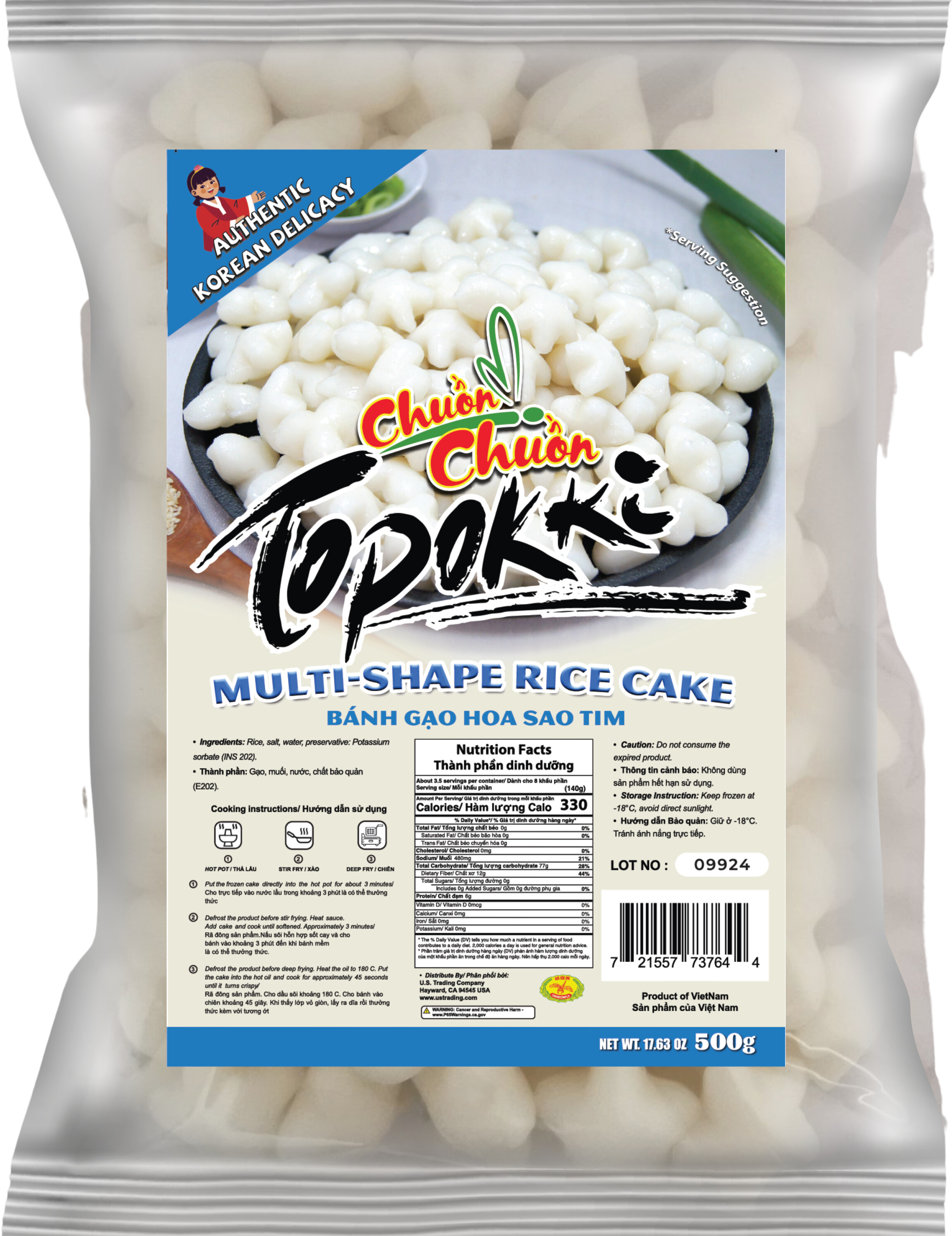 Multi-Shape Tokbokki (Tokbokki Nhiều Hình Dạng): Assorted shape rice cakes offering fun, chewy textures perfect for stir-frying or adding to soups. Chuon Chuon Brand - powered by US Trading wholesale Asian Food distributor