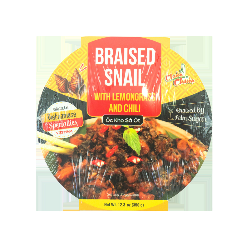 Braised Snail With Lemongrass And Chili (Ốc Kho Sả Ớt): Tender braised snails cooked with fragrant lemongrass and spicy chili, offering a bold and flavorful Vietnamese dish. Chuon Chuon Brand - powered by US Trading wholesale Asian Food distributor