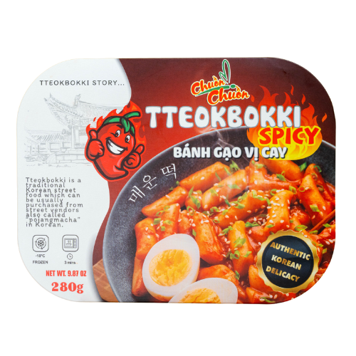 Spicy Tokbokki Combo (Combo Tokbokki Cay): A ready-to-eat combo of chewy Korean rice cakes paired with a flavorful spicy sauce, easily prepared in the microwave. Chuon Chuon Brand - powered by US Trading wholesale Asian Food distributor