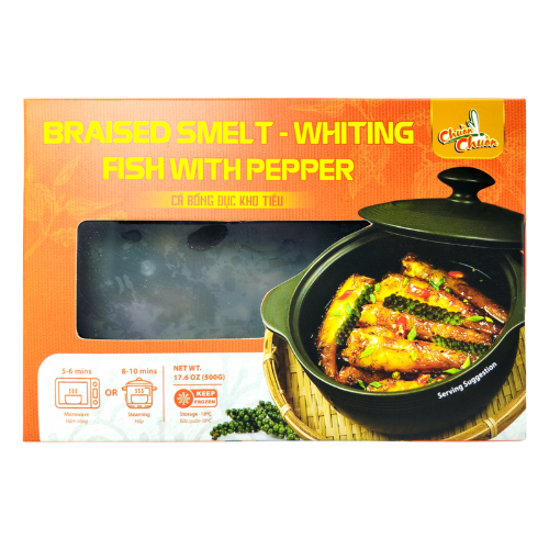 Braised Smelt-Whiting Fish With Pepper (Cá Lét Kho Tiêu): Tender smelt-whiting fish braised with pepper, creating a savory, rich sauce perfect for pairing with rice. Chuon Chuon Brand - powered by US Trading wholesale Asian Food distributor