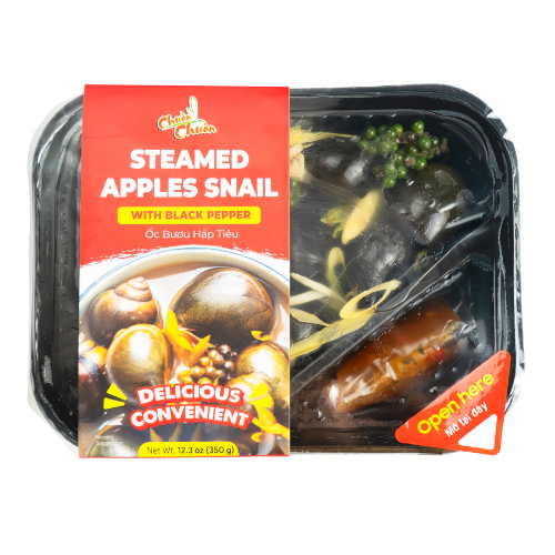Steamed Apple Snail With Black Pepper (Ốc Bươu Hấp Tiêu Đen): Tender apple snails steamed with black pepper and lemongrass, offering a flavorful and unique Vietnamese seafood dish. Chuon Chuon Brand - powered by US Trading wholesale Asian Food distributor