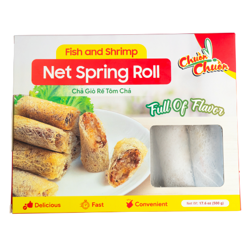 Fish And Shrimp Net Spring Roll (Chả Giò Rế Tôm Chả Cá): Crispy net spring rolls filled with a flavorful mix of shrimp and fish cakes, a must-try Vietnamese specialty. Chuon Chuon Brand - powered by US Trading wholesale Asian Food distributor