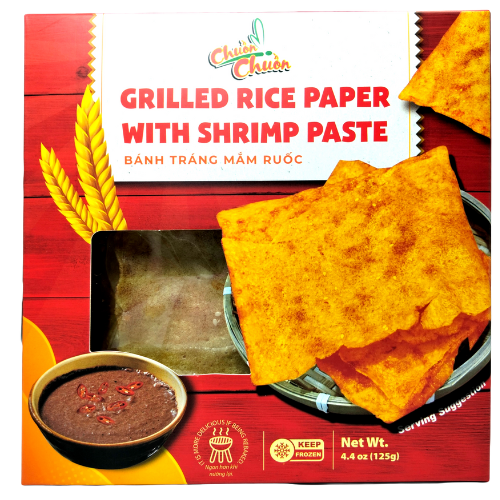 Grilled Rice Paper With Shrimp Paste (Bánh Tráng Nướng Tôm Chua): Crispy grilled rice paper topped with shrimp paste, offering a crunchy and savory Vietnamese street food snack. Chuon Chuon Brand - powered by US Trading wholesale Asian Food distributor