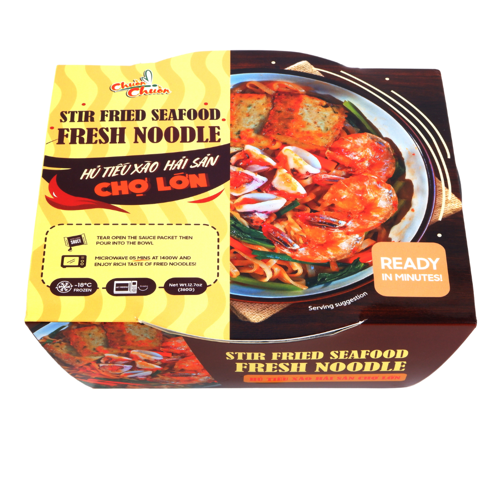 Stir Fried Seafood Fresh Noodle (Hủ Tiếu Xào Hải Sản Chợ Lớn): Savory stir-fried noodles mixed with fresh seafood, offering a quick and flavorful meal with authentic Vietnamese ingredients. Chuon Chuon Brand - powered by US Trading wholesale Asian Food distributor